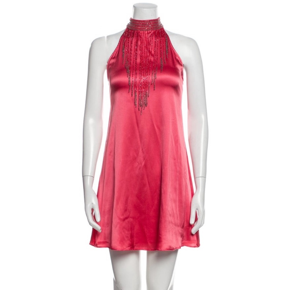 Haute Hippie Chic Halter Mini Dress in Vibrant Pink with Beaded Details.